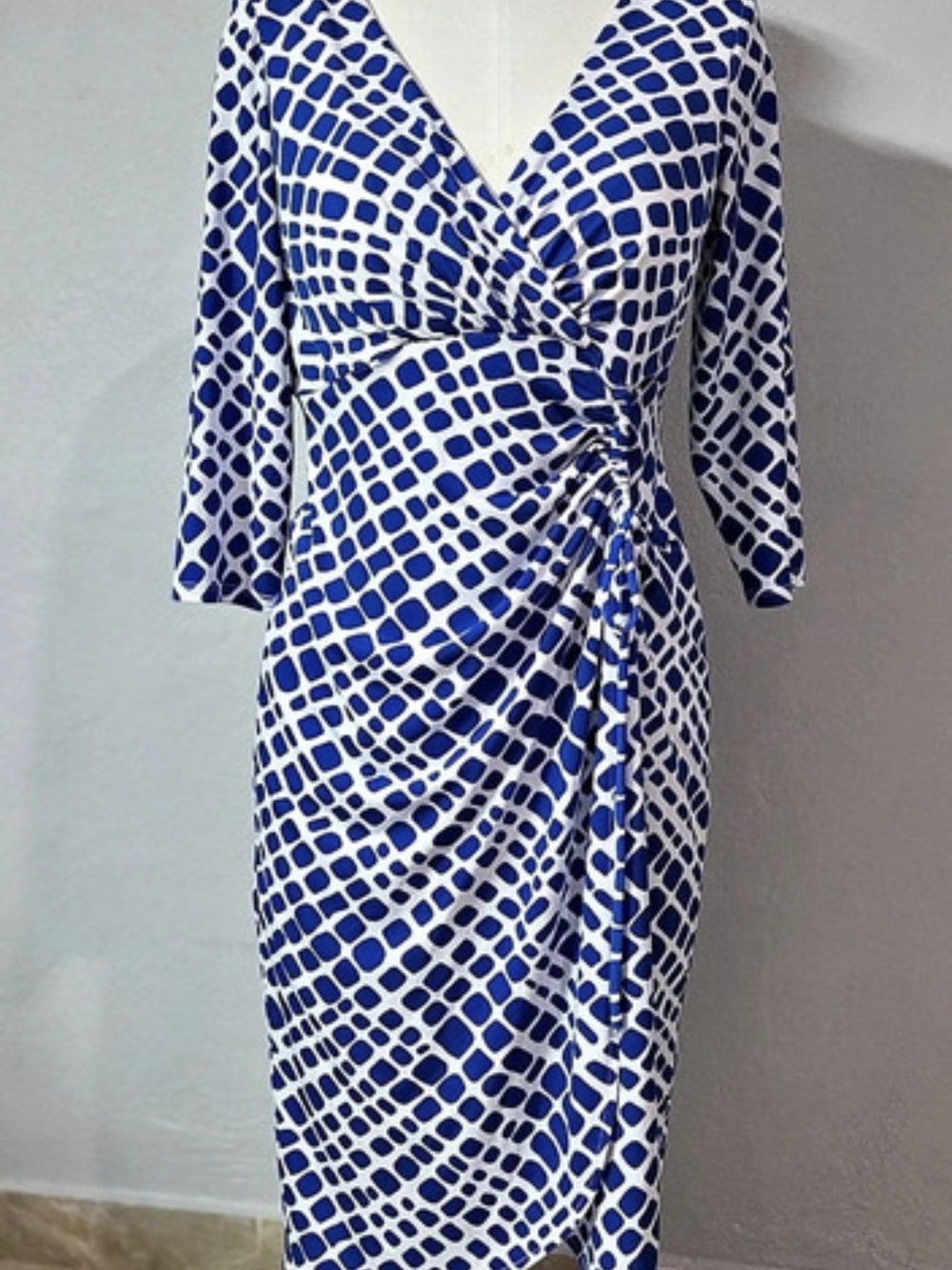 London Times Blue & White Geometric Midi Dress Size 10 Like New